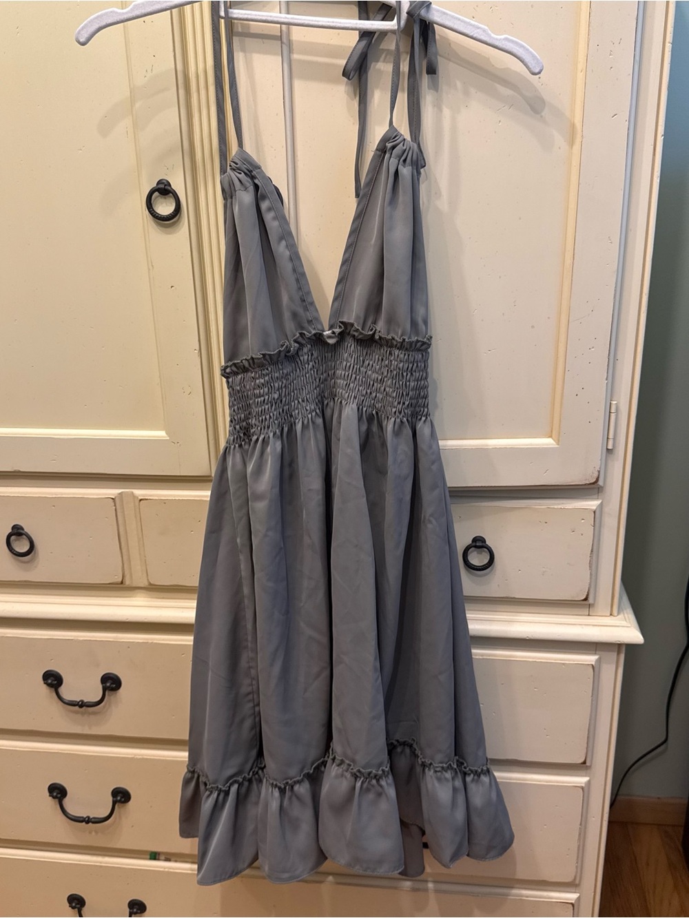 Smocked Halter Mini Dress in Olive Green